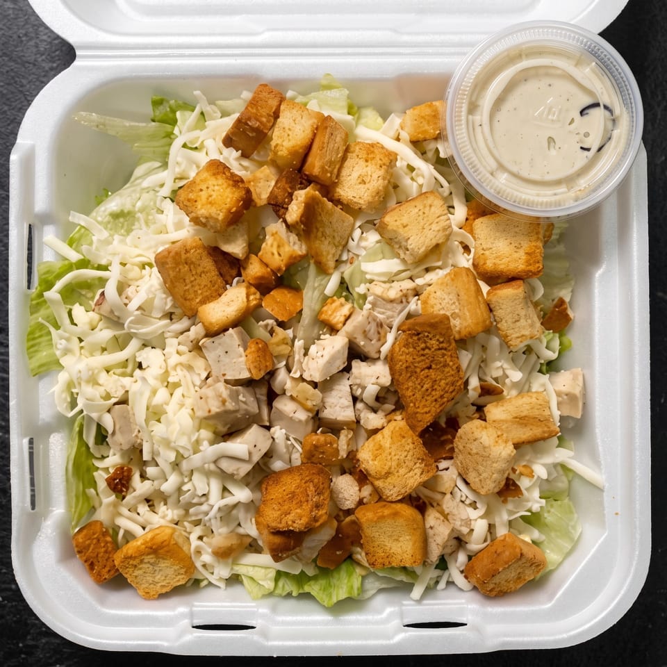 Chicken salad with shredded lettuce, cheese, croutons, and creamy dressing in a takeout container.