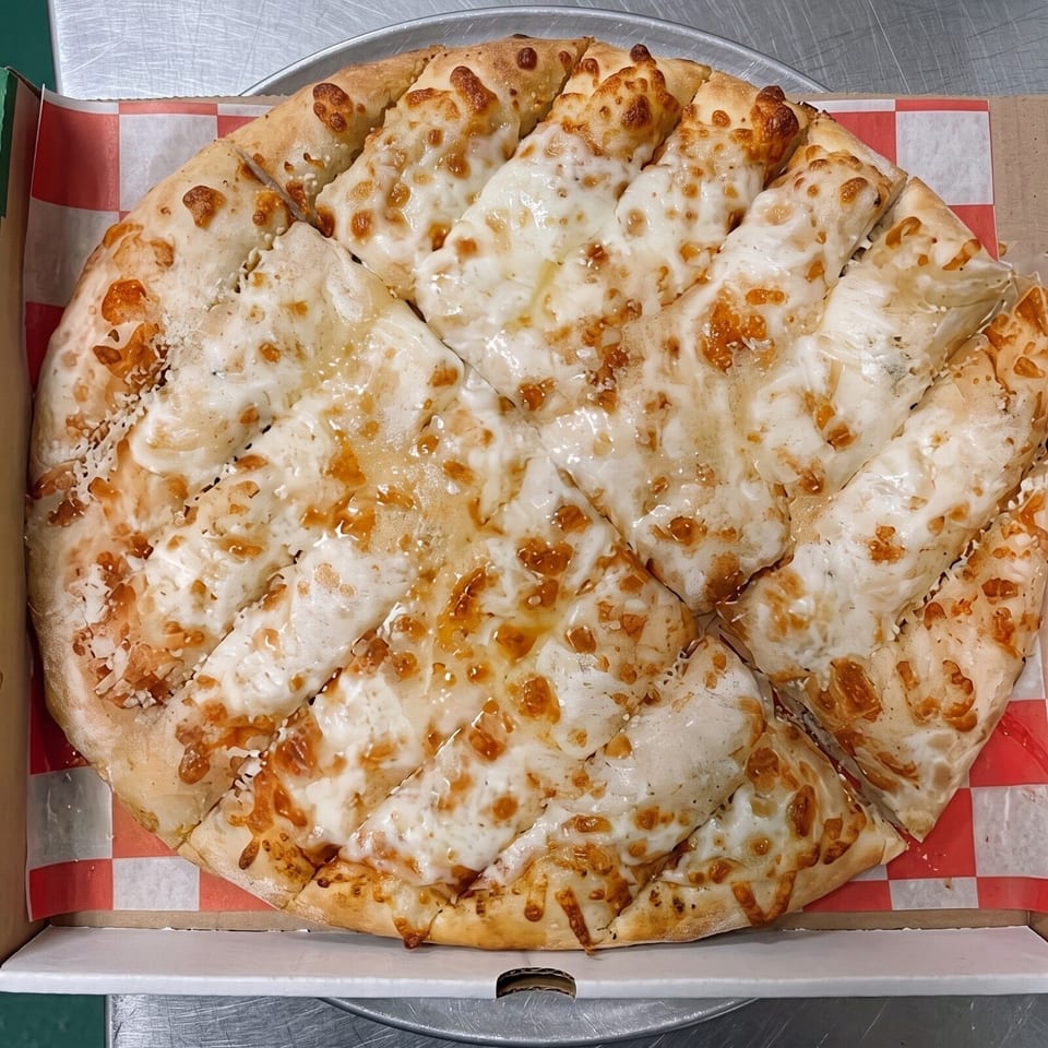 Large round pizza covered with melted, browned cheese and folded dough pieces, served in a checkered-lined box.